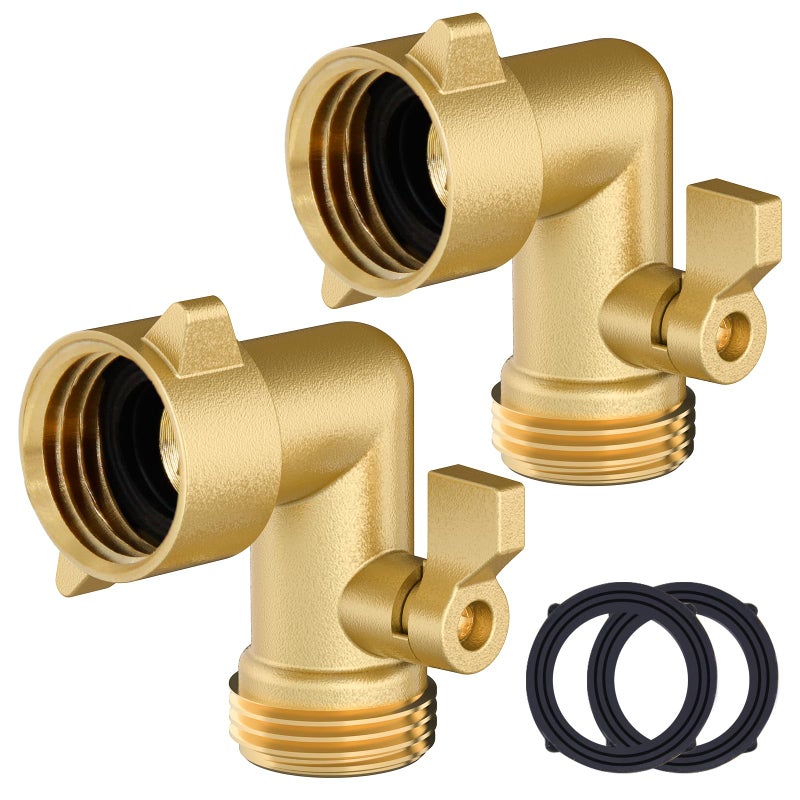Twinkle Star 90 Degree Garden Hose Elbow with Shut Off Valve 2 Pack, 3/4" Heavy Duty Hose Adapter with 2 O-rings, Solid Brass Gooseneck Garden Hose Connector - Image 1